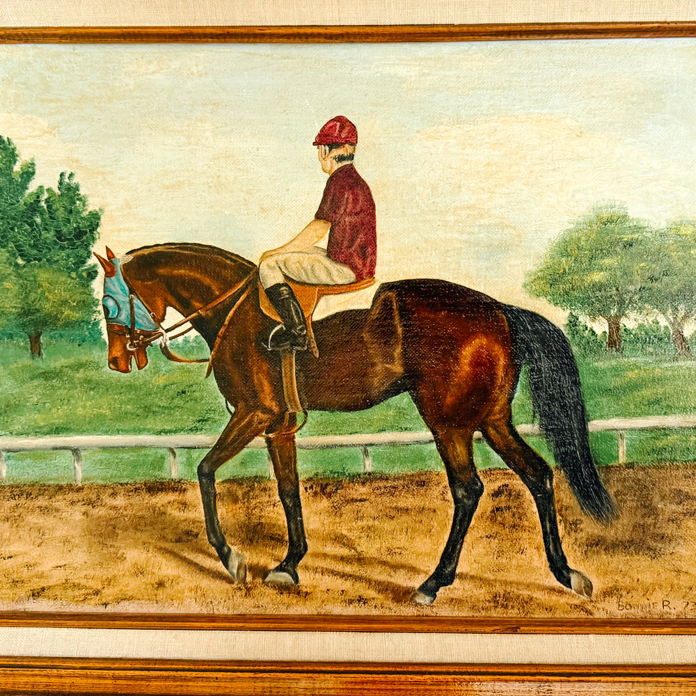 Vintage 1973 Signed Equestrian Oil Painting – "Thoroughbred Workout" by Bonnie Roseberry