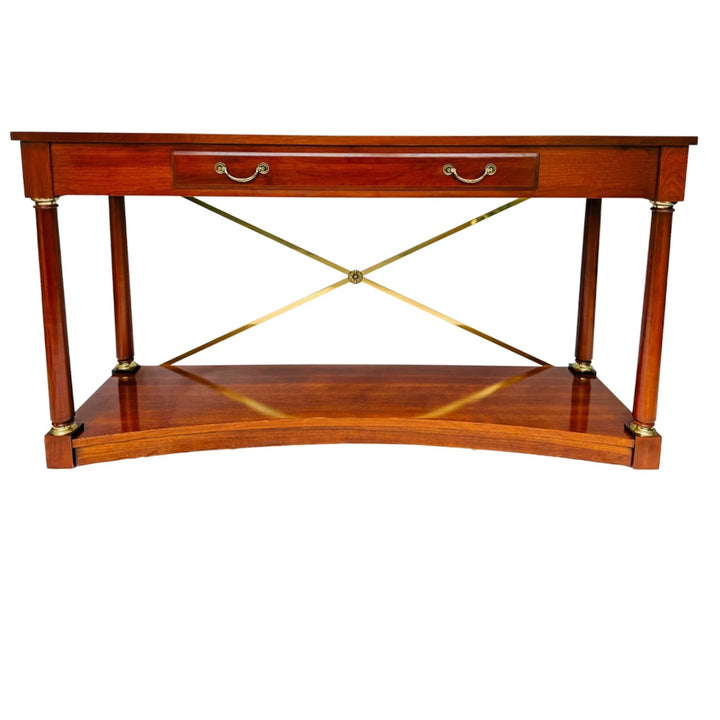 1990 Ethan Allen Medallion Collection Cherry Console Table With Brass X-Stretcher