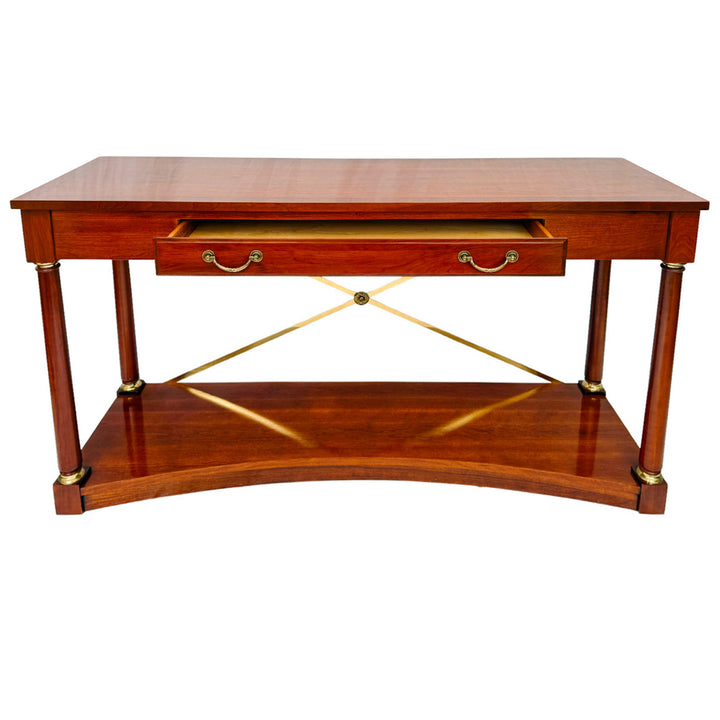 1990 Ethan Allen Medallion Collection Cherry Console Table With Brass X-Stretcher