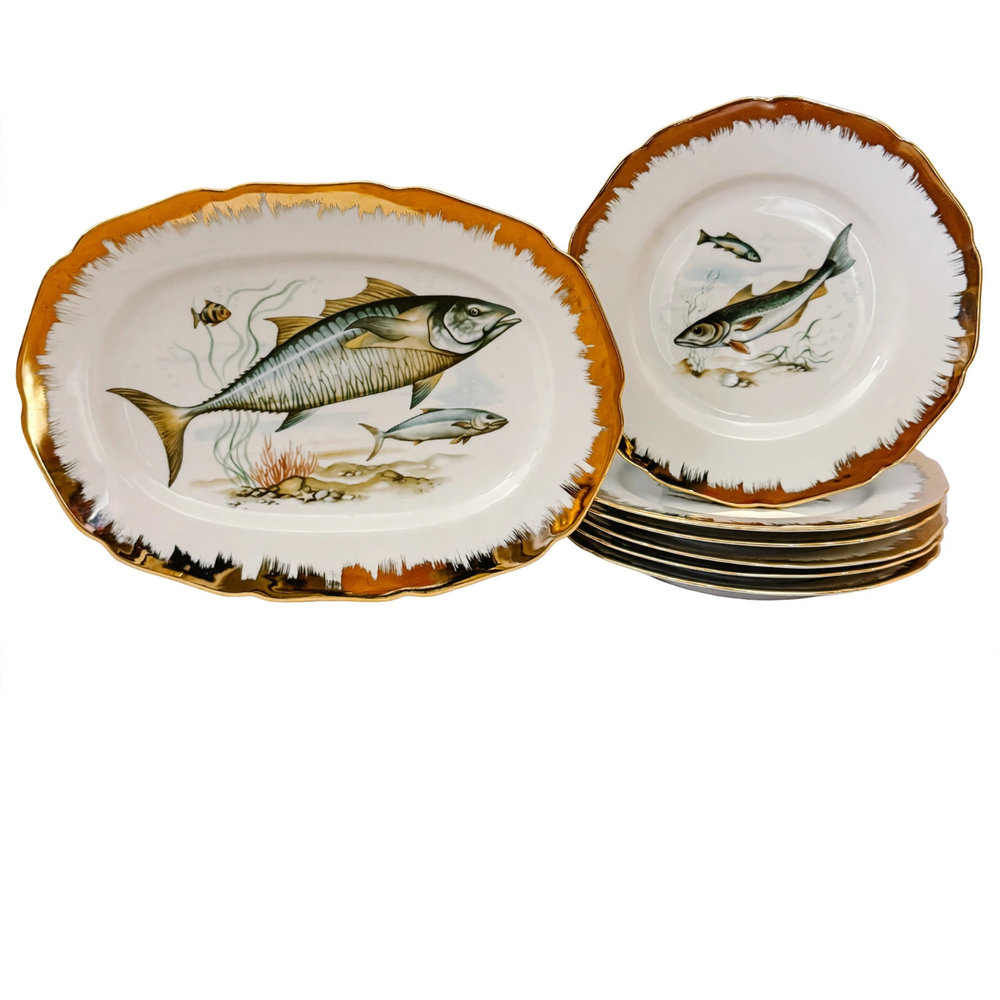 Vintage German Porcelain Fish Service Set – 6 Dinner Plates & Large Platter by Hutschenreuther Hohenberg (5)