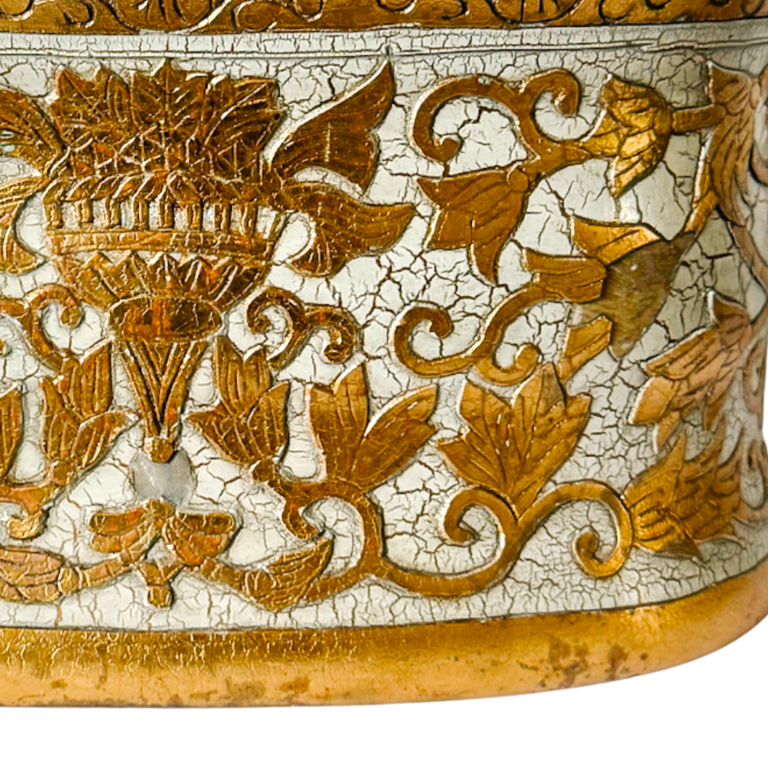 Large Scale Vintage Italian Style Gold Gilt & Ivory Crackle Porcelain Foot Bath Jardiniere Planter
