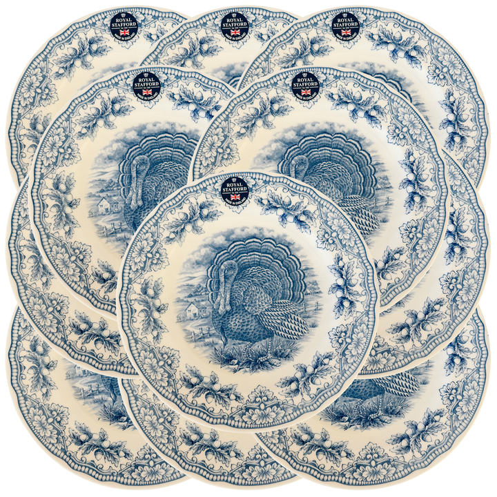 English Blue & White Transferware Turkey Thanksgiving Dinner Plates, Set of 12