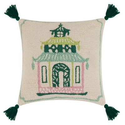 Chinoiserie Pagoda Pink & Green Tassels Wool Hook Pillow
