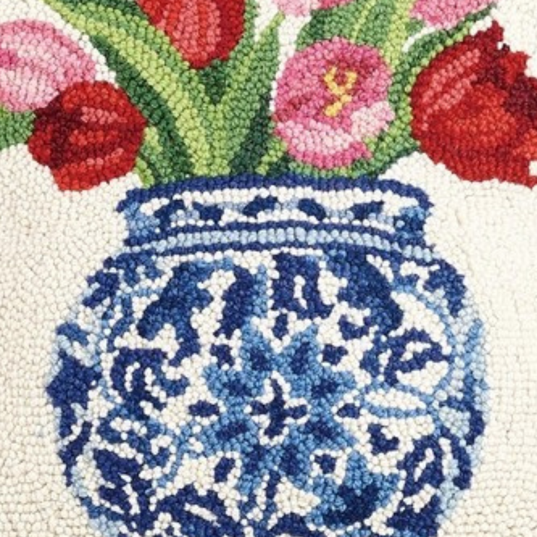 Chinoiserie Tulips Wool Hooked Pillow