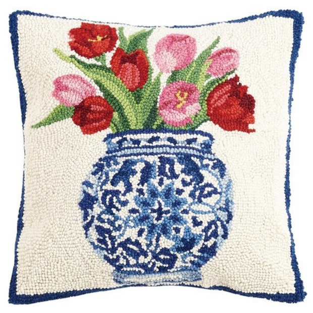 Chinoiserie Tulips Wool Hooked Pillow