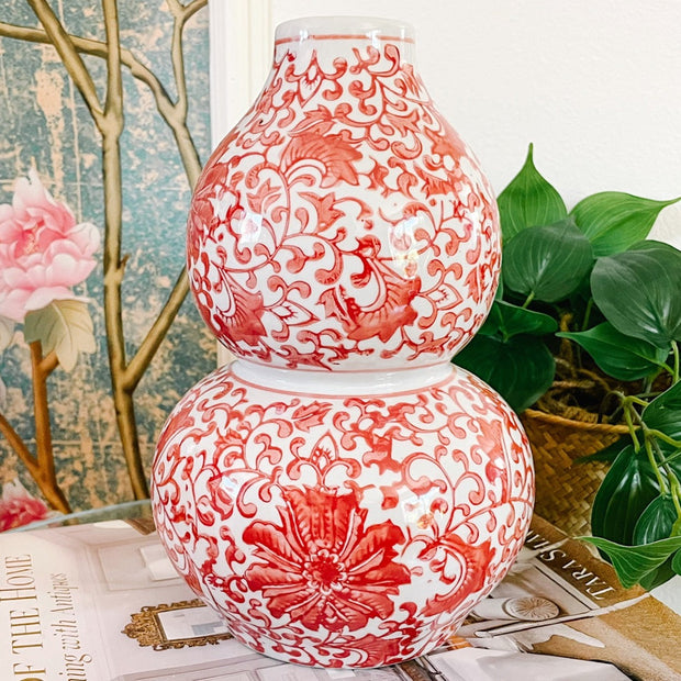 Coral Red Twisted Peony Double Gourd Vase