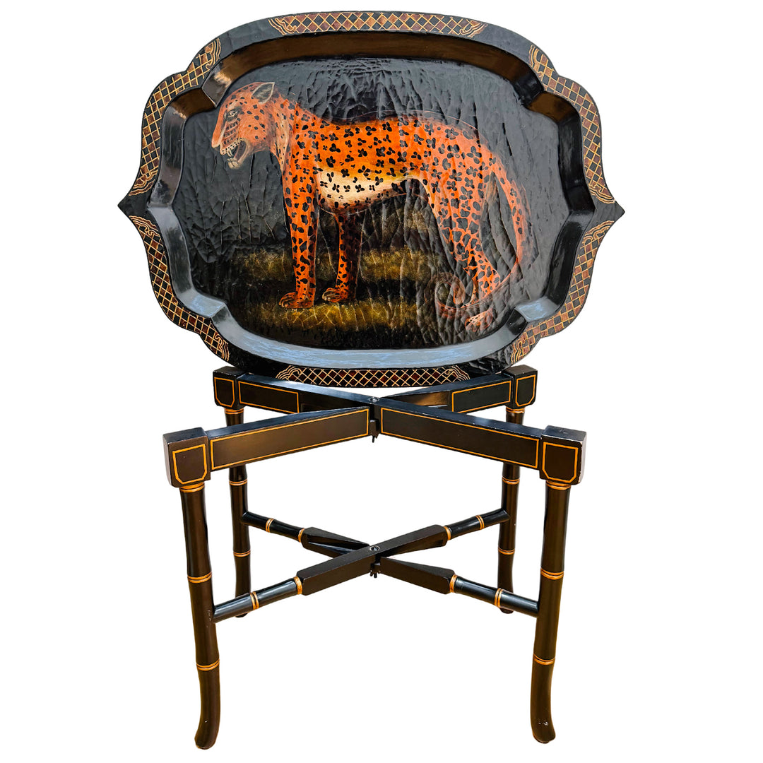Chinoiserie Black Lacquered Faux Bamboo Table With Removable Leopard Tray
