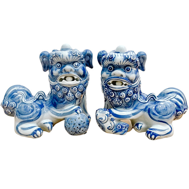 Vintage Pair Of Blue & White Shishi Guardian Lions