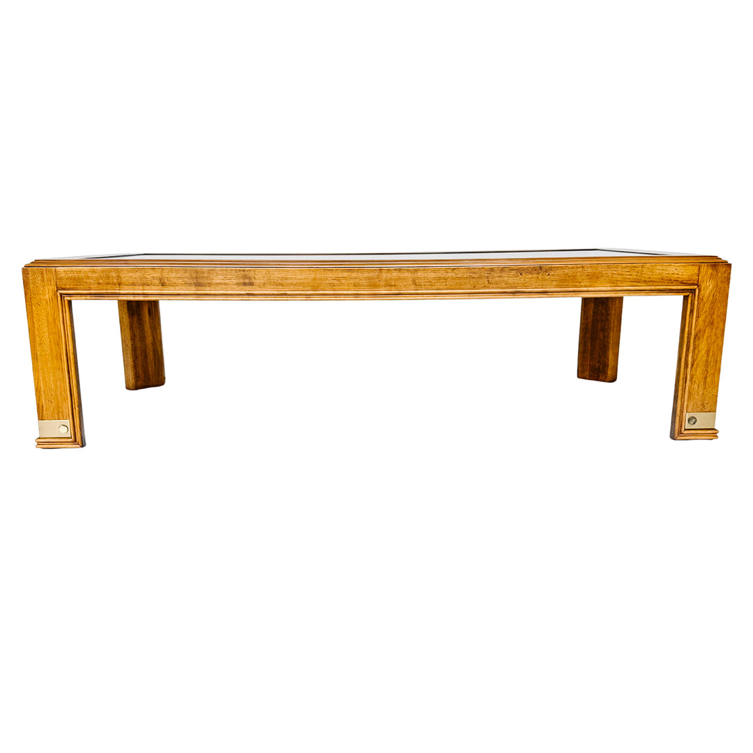 Drexel Heritage Mid-Century Modern Oak Coffee Table With Brass Inlay & Beveled Glass