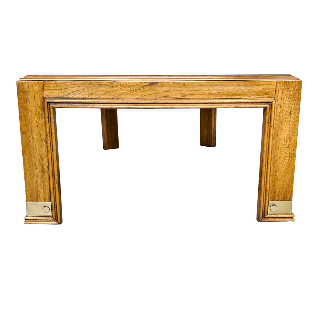 Drexel Heritage Mid-Century Modern Oak Coffee Table With Brass Inlay & Beveled Glass