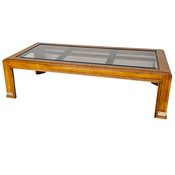 Drexel Heritage Mid-Century Modern Oak Coffee Table With Brass Inlay & Beveled Glass