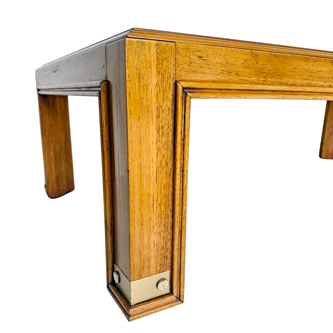 Drexel Heritage Mid-Century Modern Oak Coffee Table With Brass Inlay & Beveled Glass