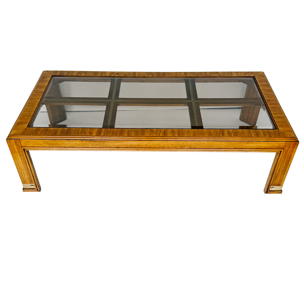 Drexel Heritage Mid-Century Modern Oak Coffee Table With Brass Inlay & Beveled Glass