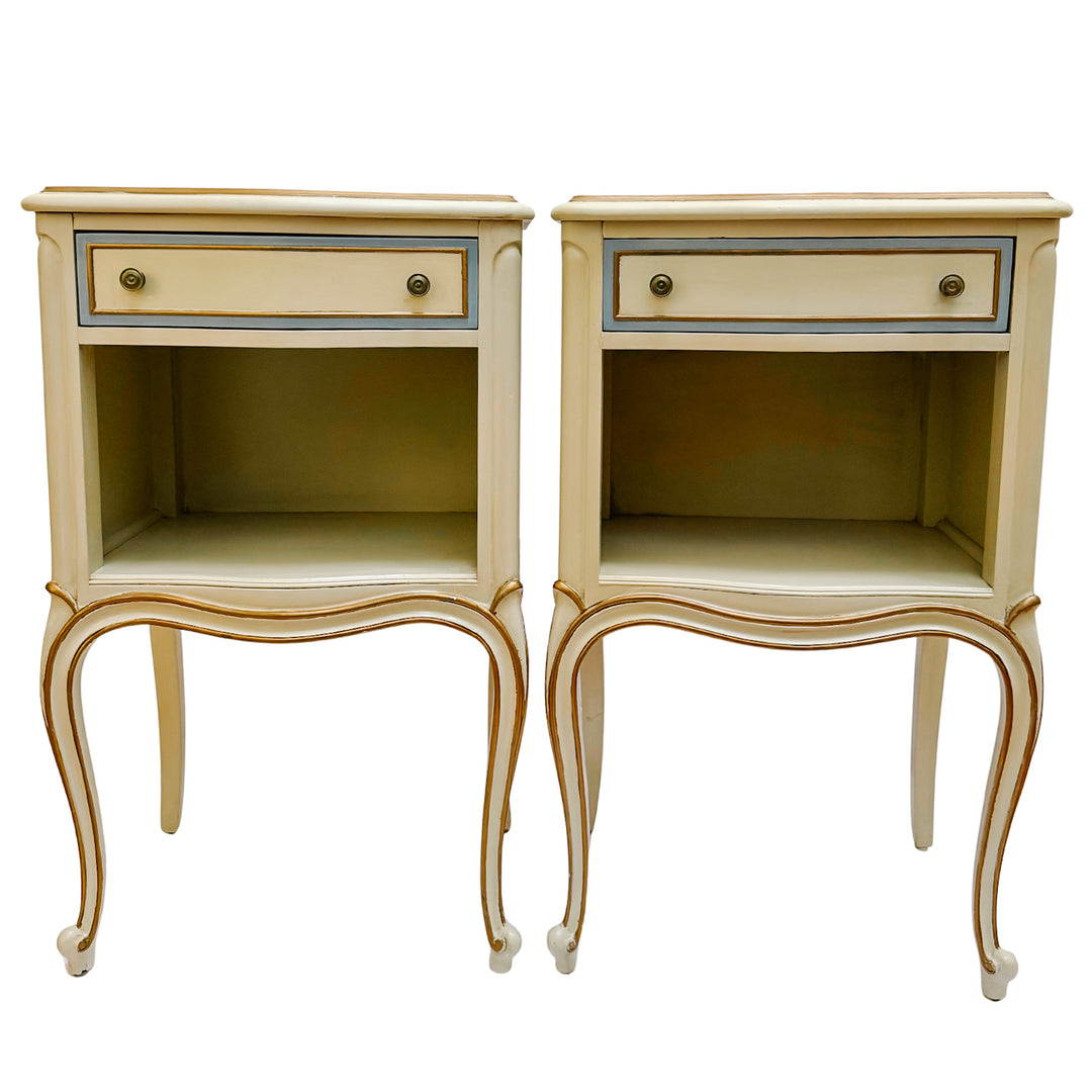 Drexel Touraine French Provincial Louis XV Style Crème Peinte Nightstands