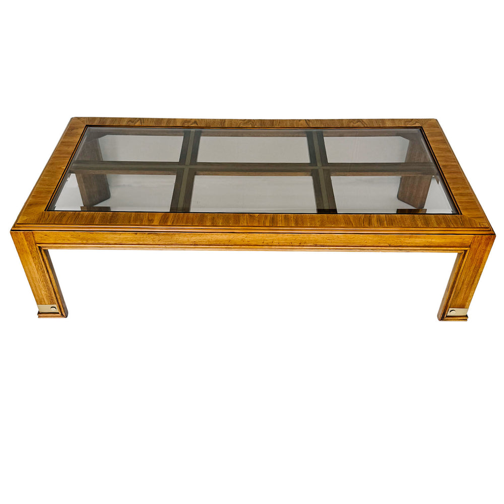Drexel Heritage Mid-Century Modern Oak Coffee Table With Brass Inlay & Beveled Glass