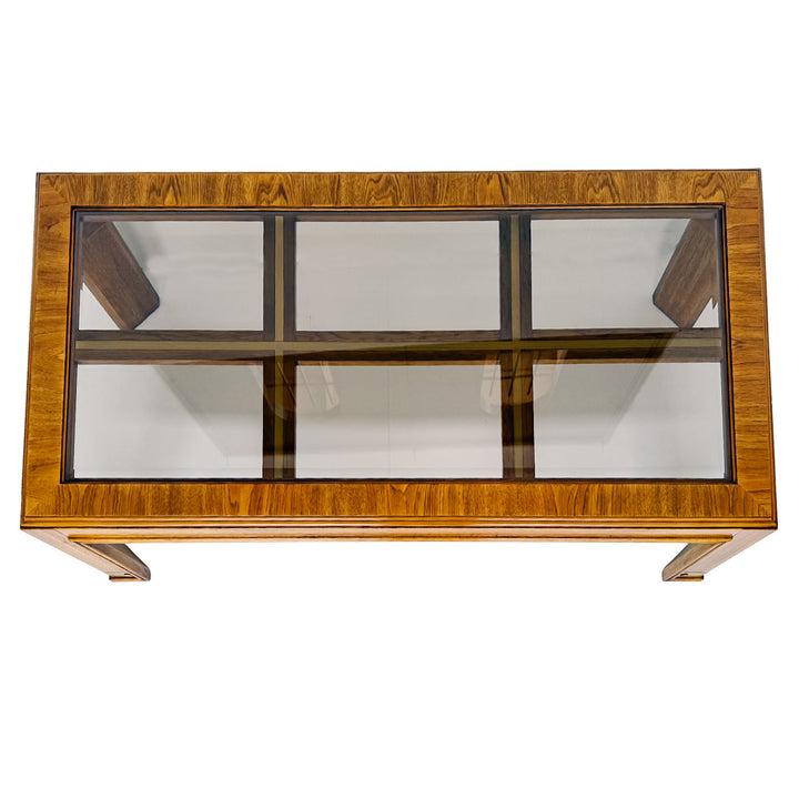 Drexel Heritage Mid-Century Modern Oak Coffee Table With Brass Inlay & Beveled Glass