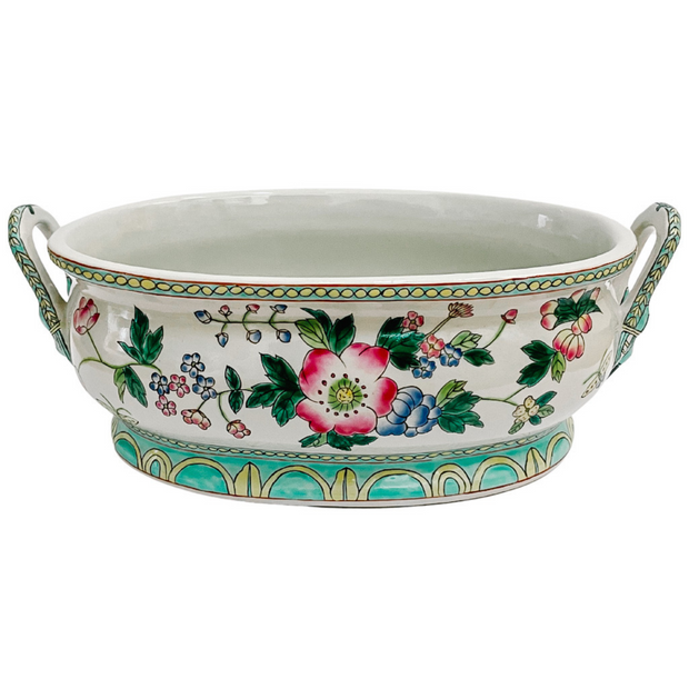 Vintage Chinoiserie Turquoise Green Floral Foot Bath Planter