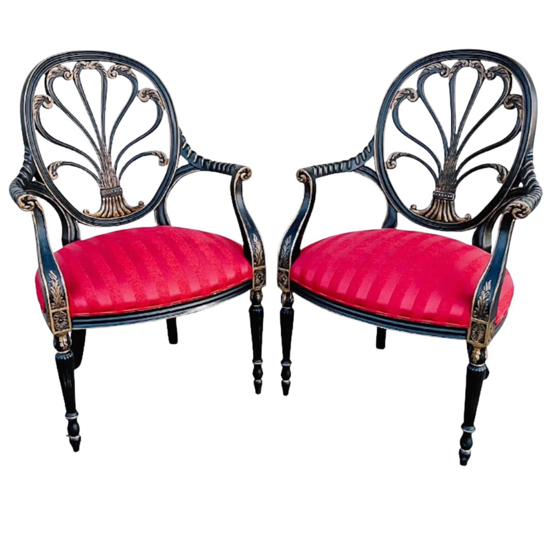 Ebonized Hepplewhite Red Arm Chairs by Hickory Furniture