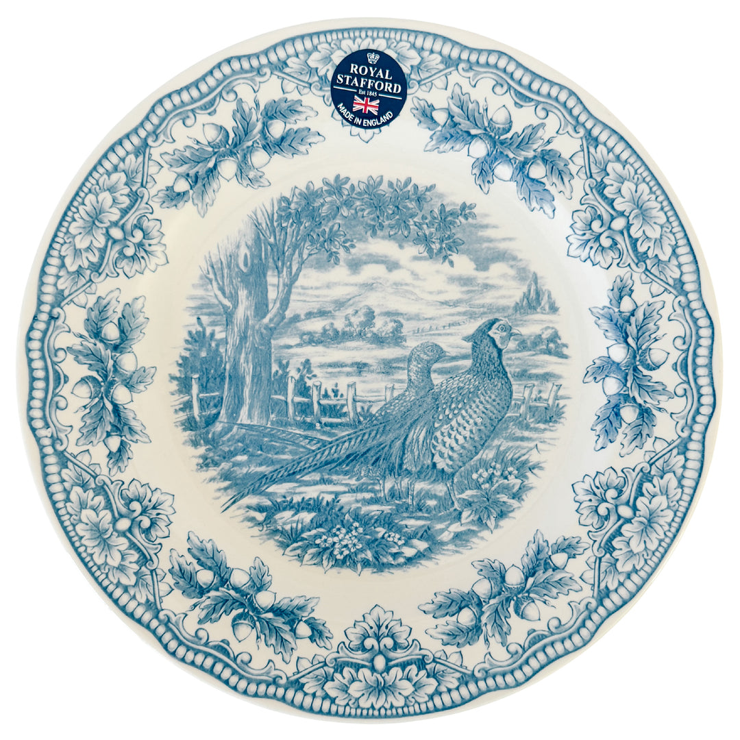 English Blue & White Transferware Pheasants Thanksgiving Dinner Plates