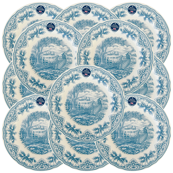 English Blue & White Transferware Pheasants Thanksgiving Dinner Plates