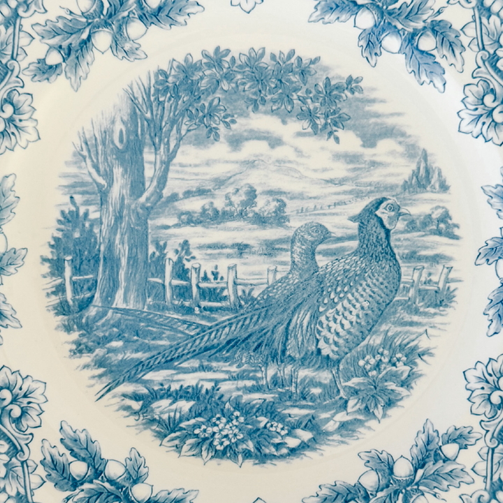 English Blue & White Transferware Pheasants Thanksgiving Dinner Plates