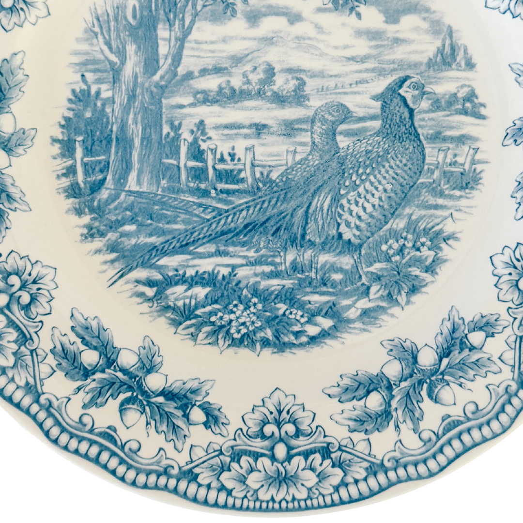 English Blue & White Transferware Pheasants Thanksgiving Dinner Plates