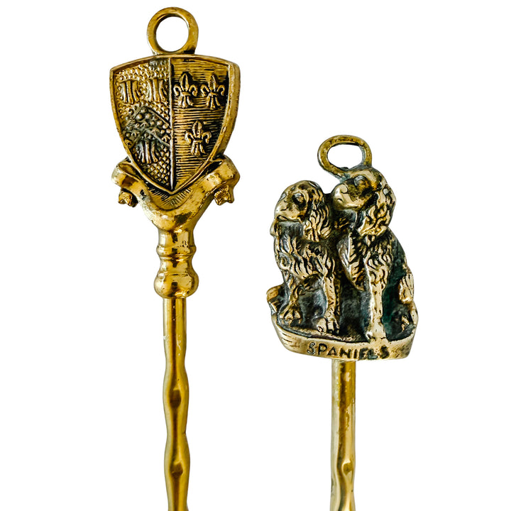 English Brass Fireplace Toasting Forks with Spaniels & Heraldic Shield Crest