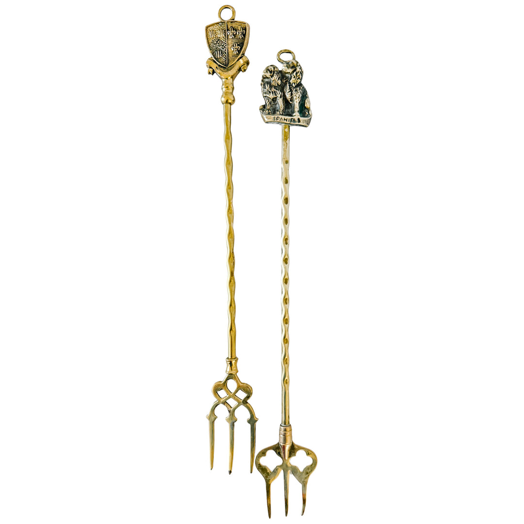 English Brass Fireplace Toasting Forks with Spaniels & Heraldic Shield Crest