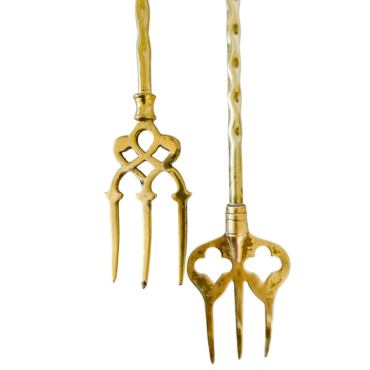 English Brass Fireplace Toasting Forks with Spaniels & Heraldic Shield Crest