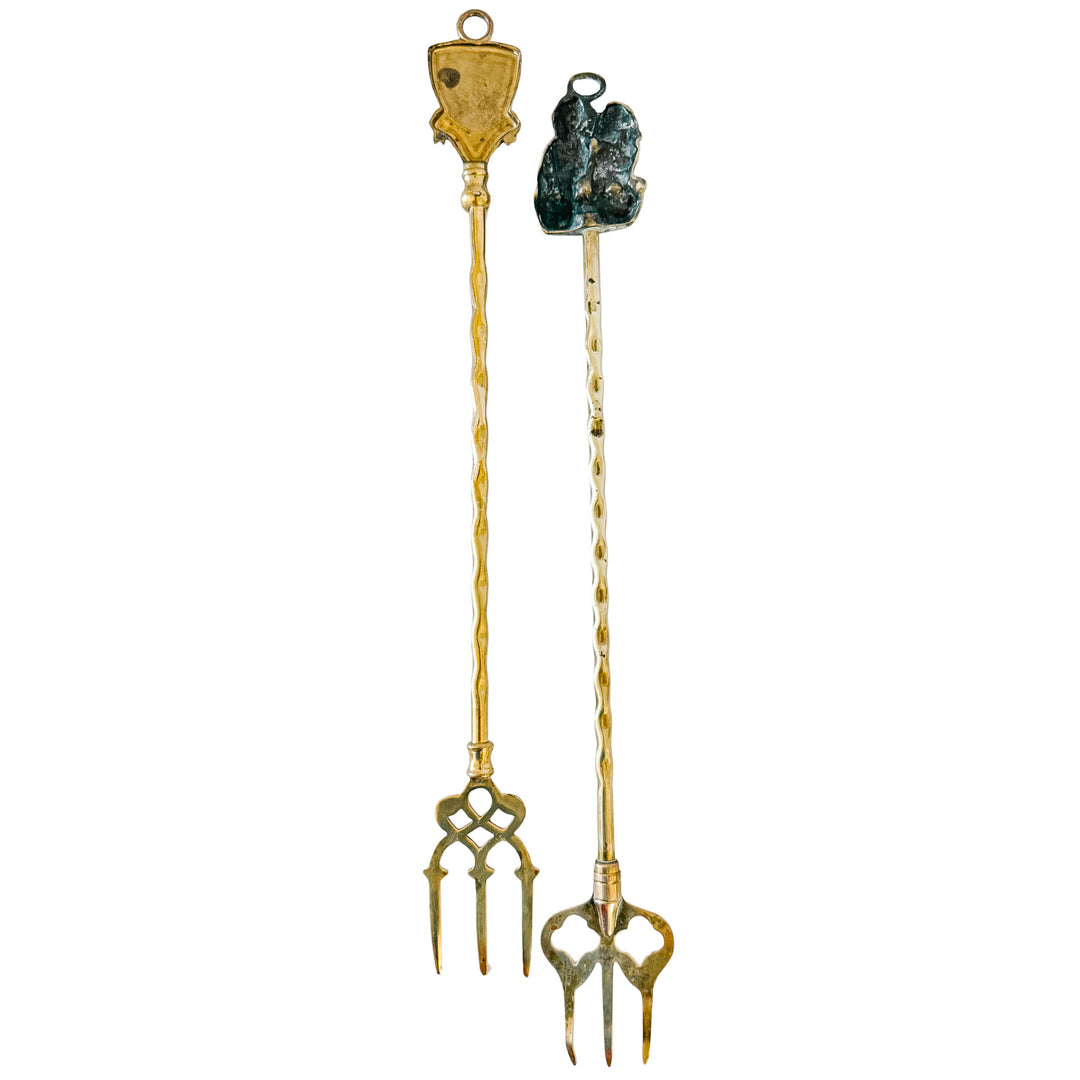 English Brass Fireplace Toasting Forks with Spaniels & Heraldic Shield Crest