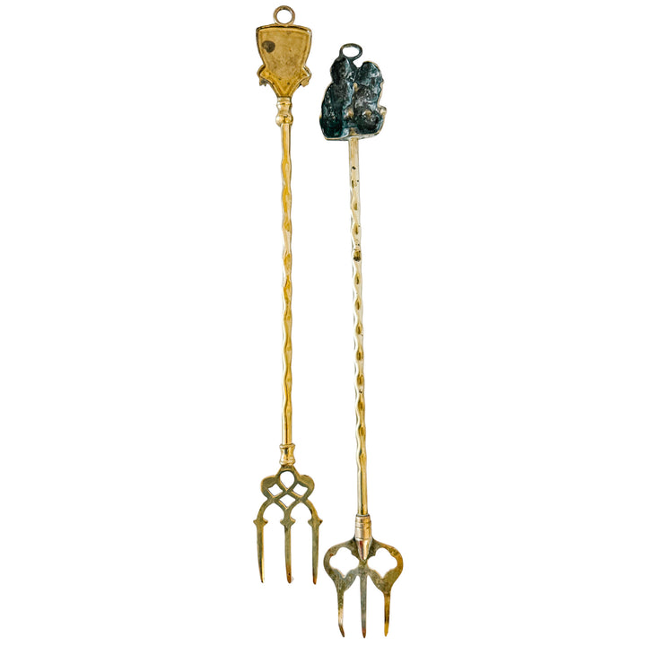 English Brass Fireplace Toasting Forks with Spaniels & Heraldic Shield Crest