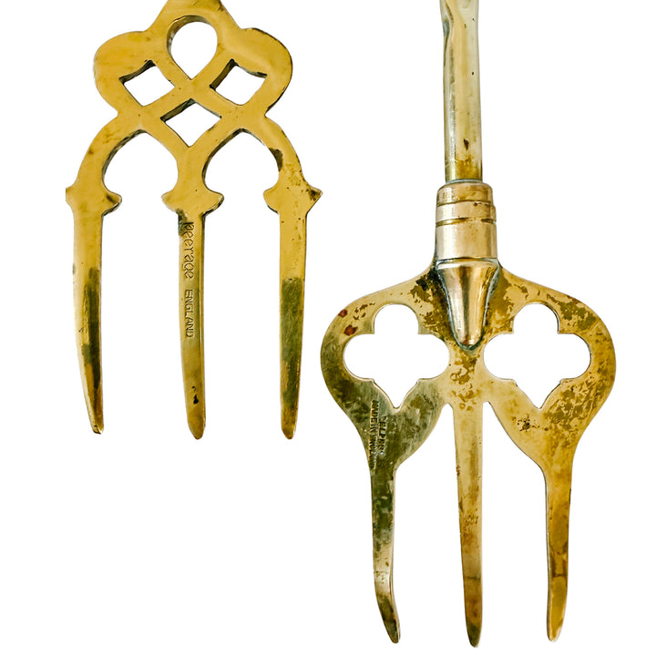 English Brass Fireplace Toasting Forks with Spaniels & Heraldic Shield Crest