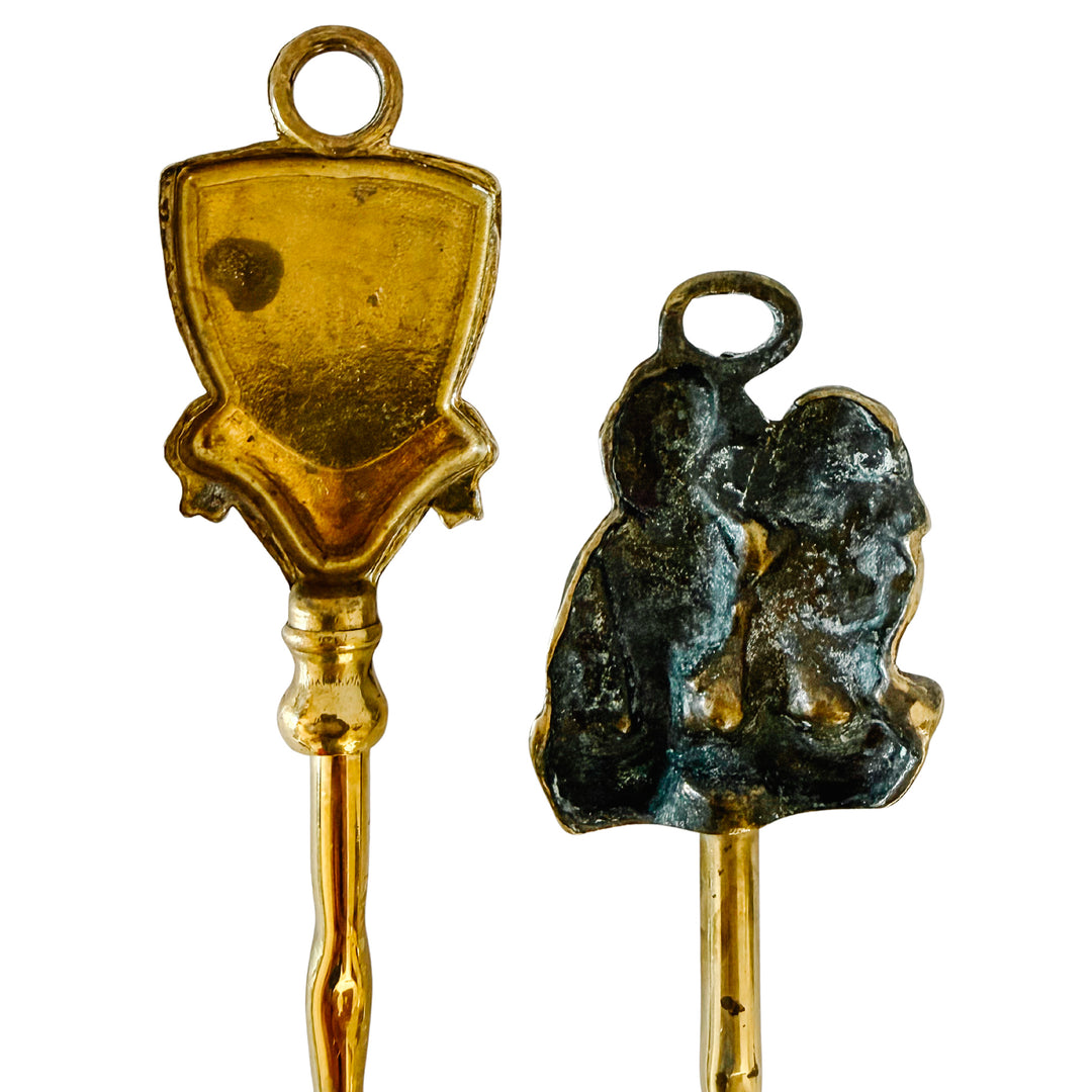 English Brass Fireplace Toasting Forks with Spaniels & Heraldic Shield Crest