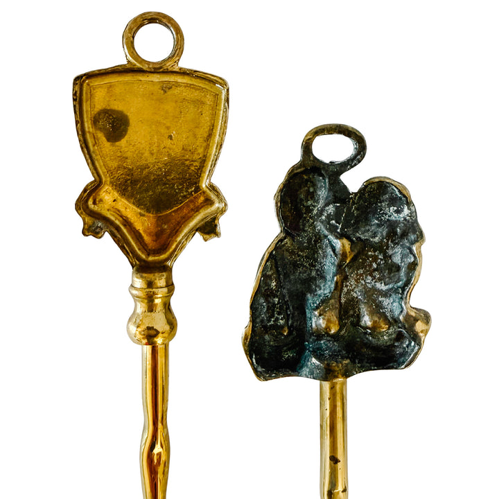 English Brass Fireplace Toasting Forks with Spaniels & Heraldic Shield Crest