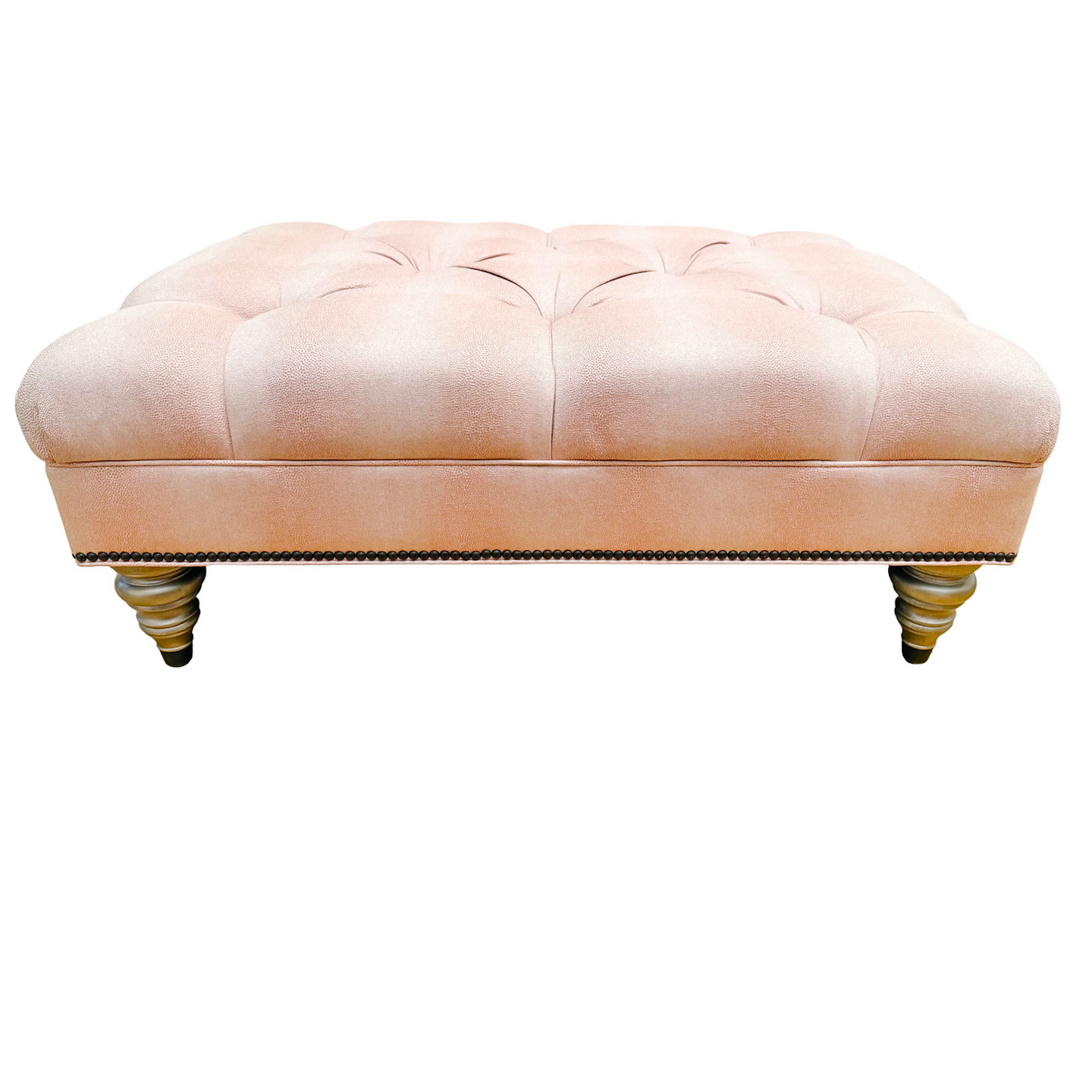 Ethan Allen Custom Tufted Pink Textured Ottoman With Nailhead Trim