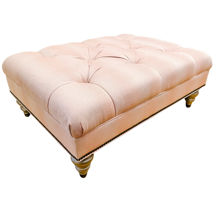Ethan Allen Custom Tufted Pink Textured Ottoman With Nailhead Trim