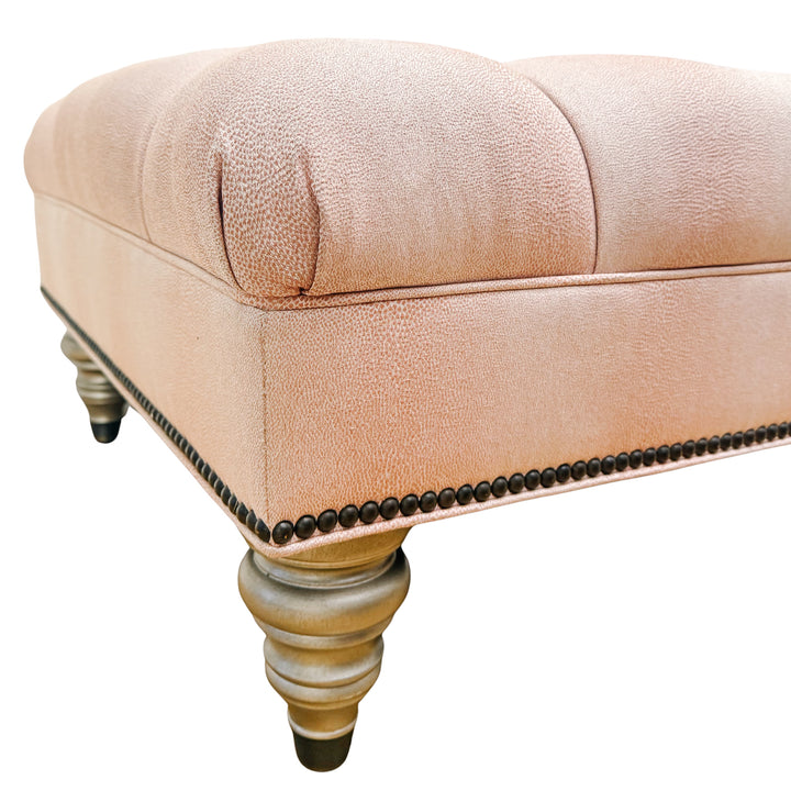 Ethan Allen Custom Tufted Pink Textured Ottoman With Nailhead Trim