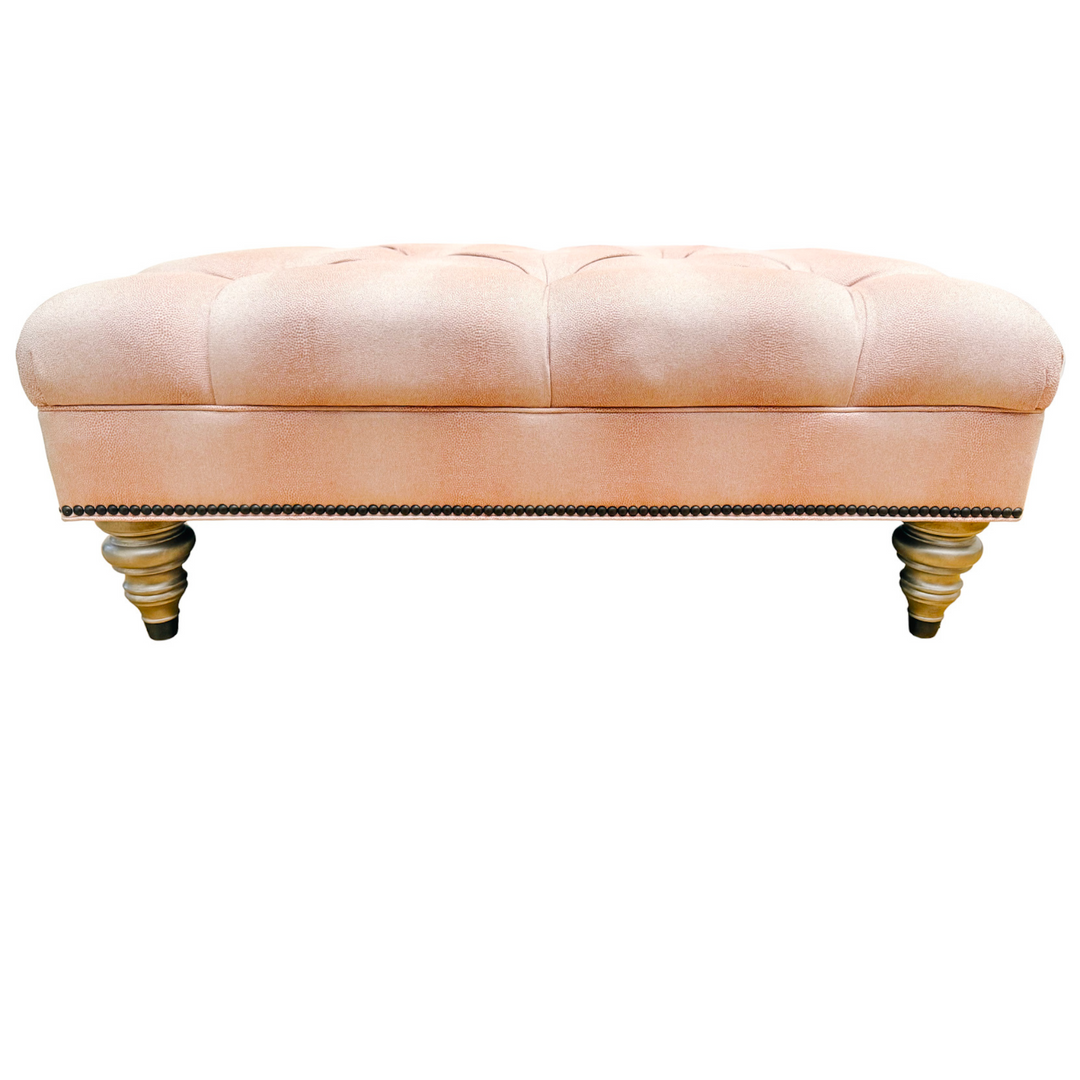 Ethan Allen Custom Tufted Pink Textured Ottoman With Nailhead Trim