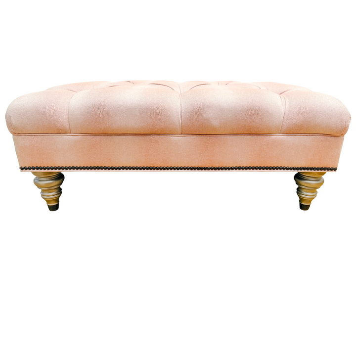 Ethan Allen Custom Tufted Pink Textured Ottoman With Nailhead Trim