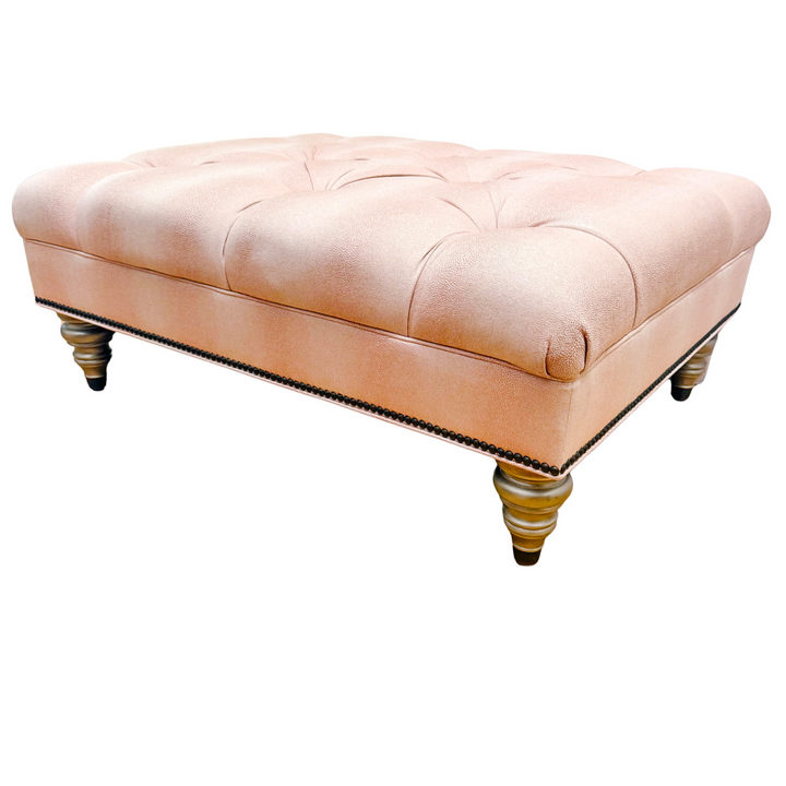 Ethan Allen Custom Tufted Pink Textured Ottoman With Nailhead Trim