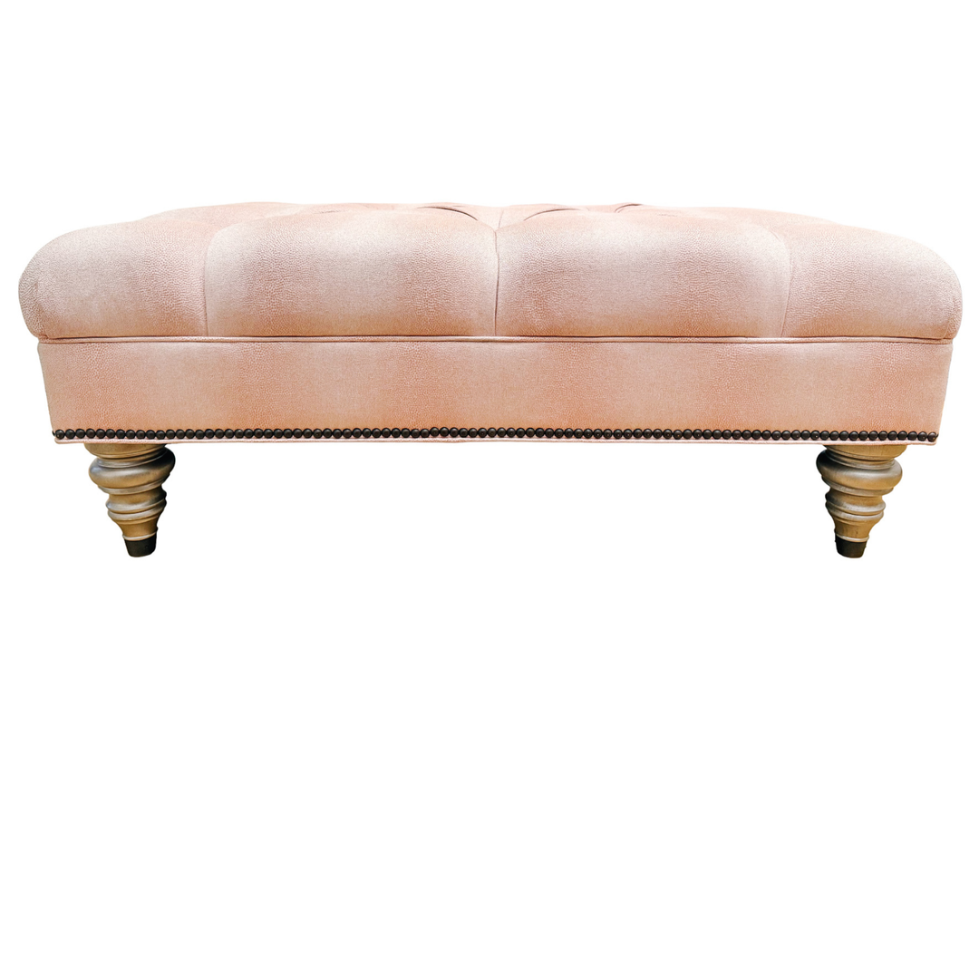 Ethan Allen Custom Tufted Pink Textured Ottoman With Nailhead Trim