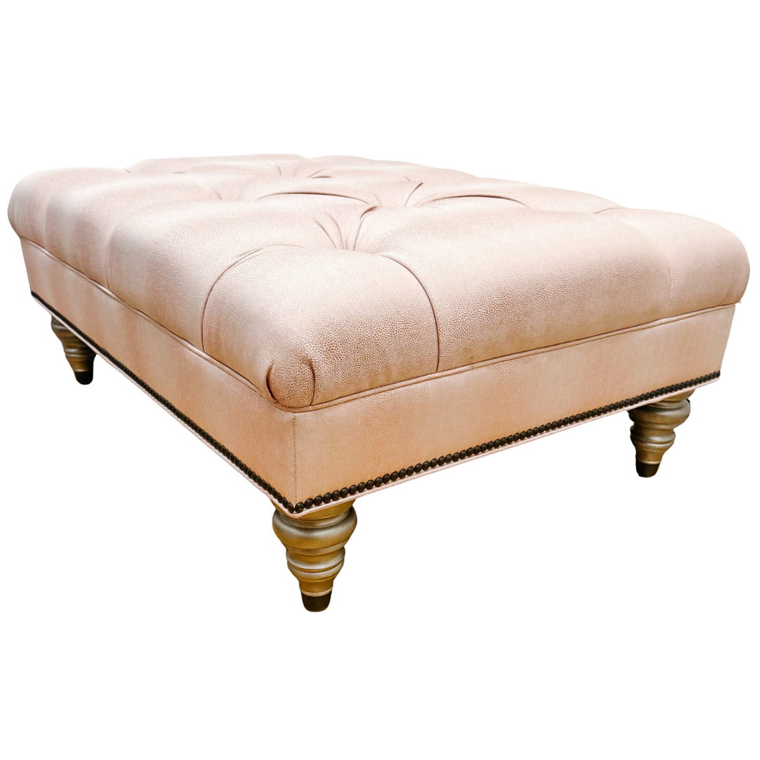 Ethan Allen Custom Tufted Pink Textured Ottoman With Nailhead Trim