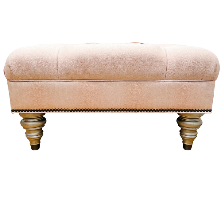Ethan Allen Custom Tufted Pink Textured Ottoman With Nailhead Trim