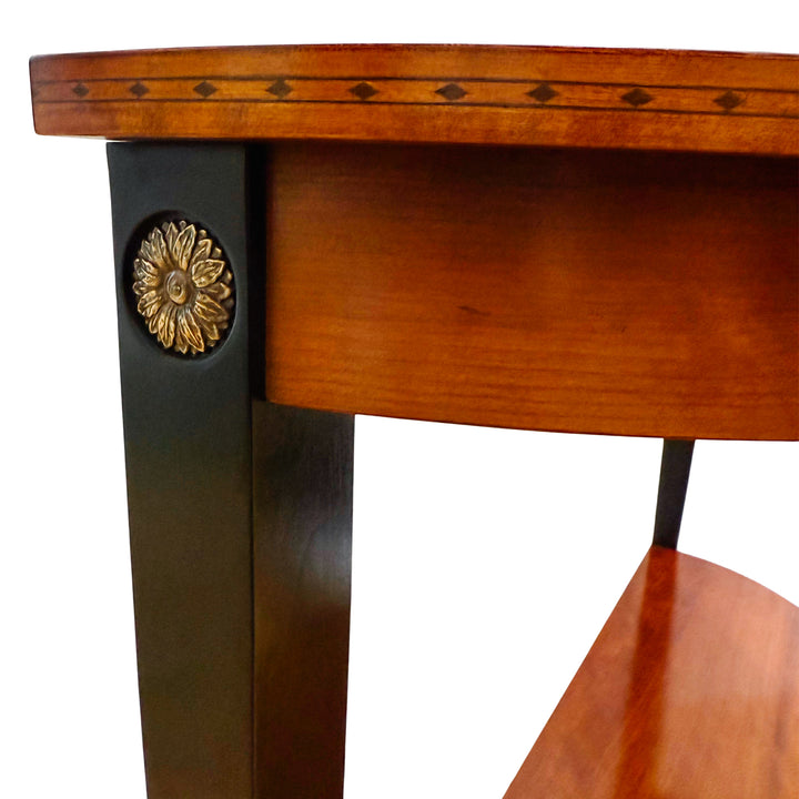 Ethan Allen Neoclassical Demilune Console Table With Inlay and Ebonized Legs