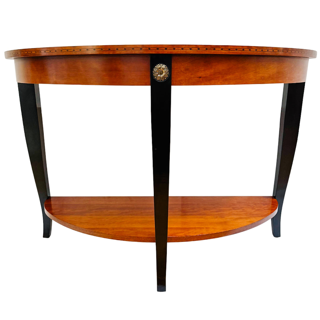Ethan Allen Neoclassical Demilune Console Table With Inlay and Ebonized Legs