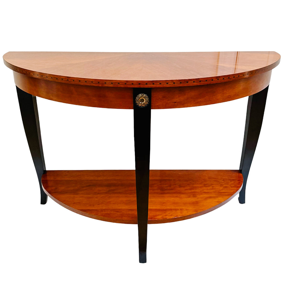 Ethan Allen Neoclassical Demilune Console Table With Inlay and Ebonized Legs