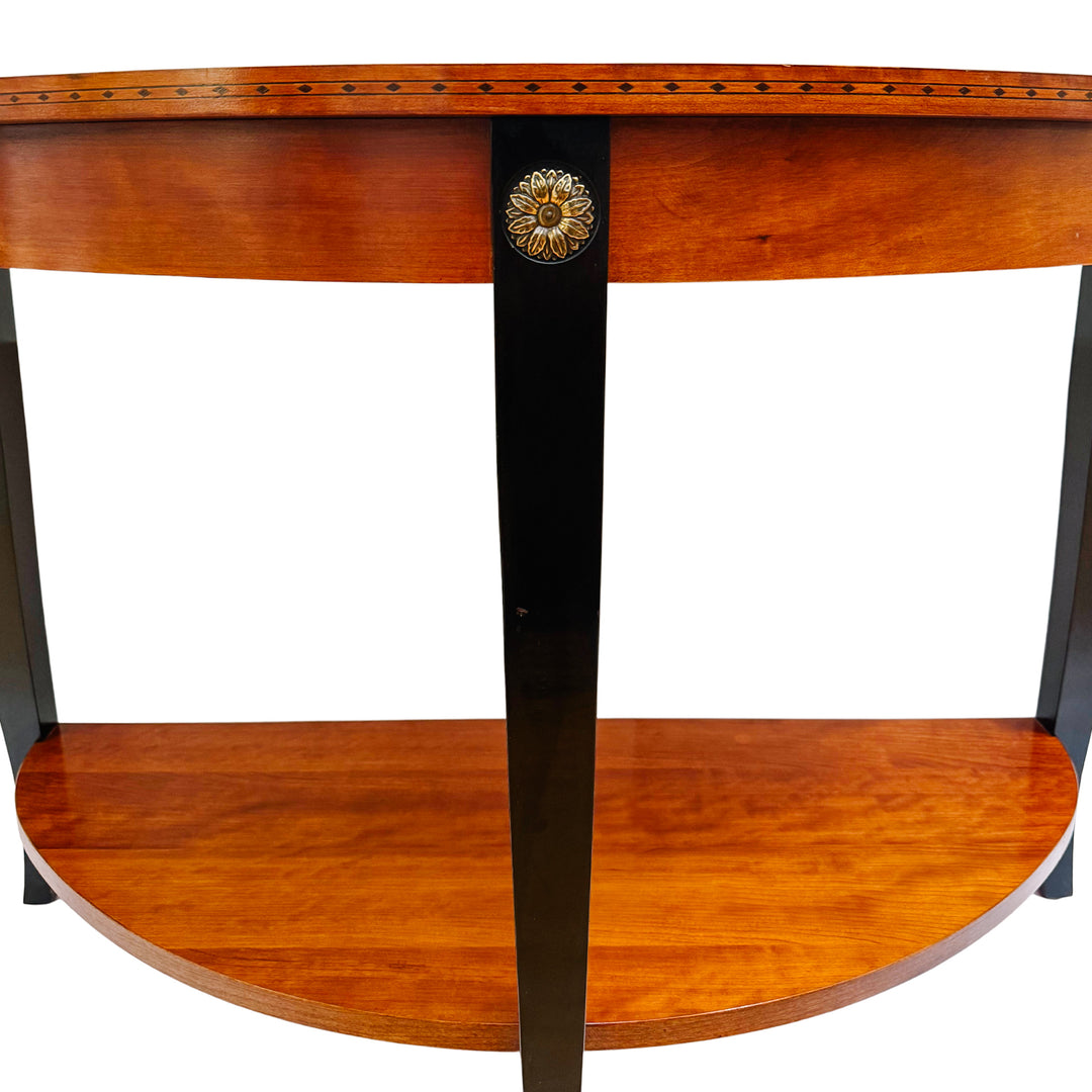 Ethan Allen Neoclassical Demilune Console Table With Inlay and Ebonized Legs