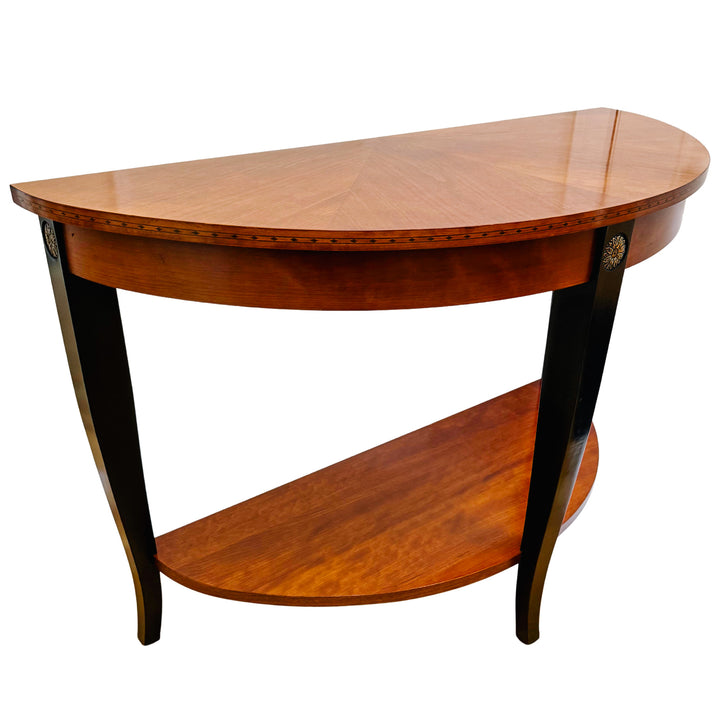 Ethan Allen Neoclassical Demilune Console Table With Inlay and Ebonized Legs