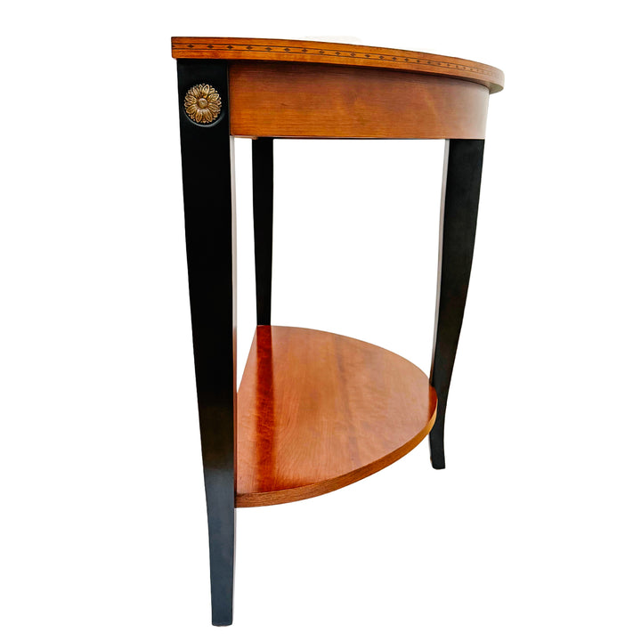 Ethan Allen Neoclassical Demilune Console Table With Inlay and Ebonized Legs