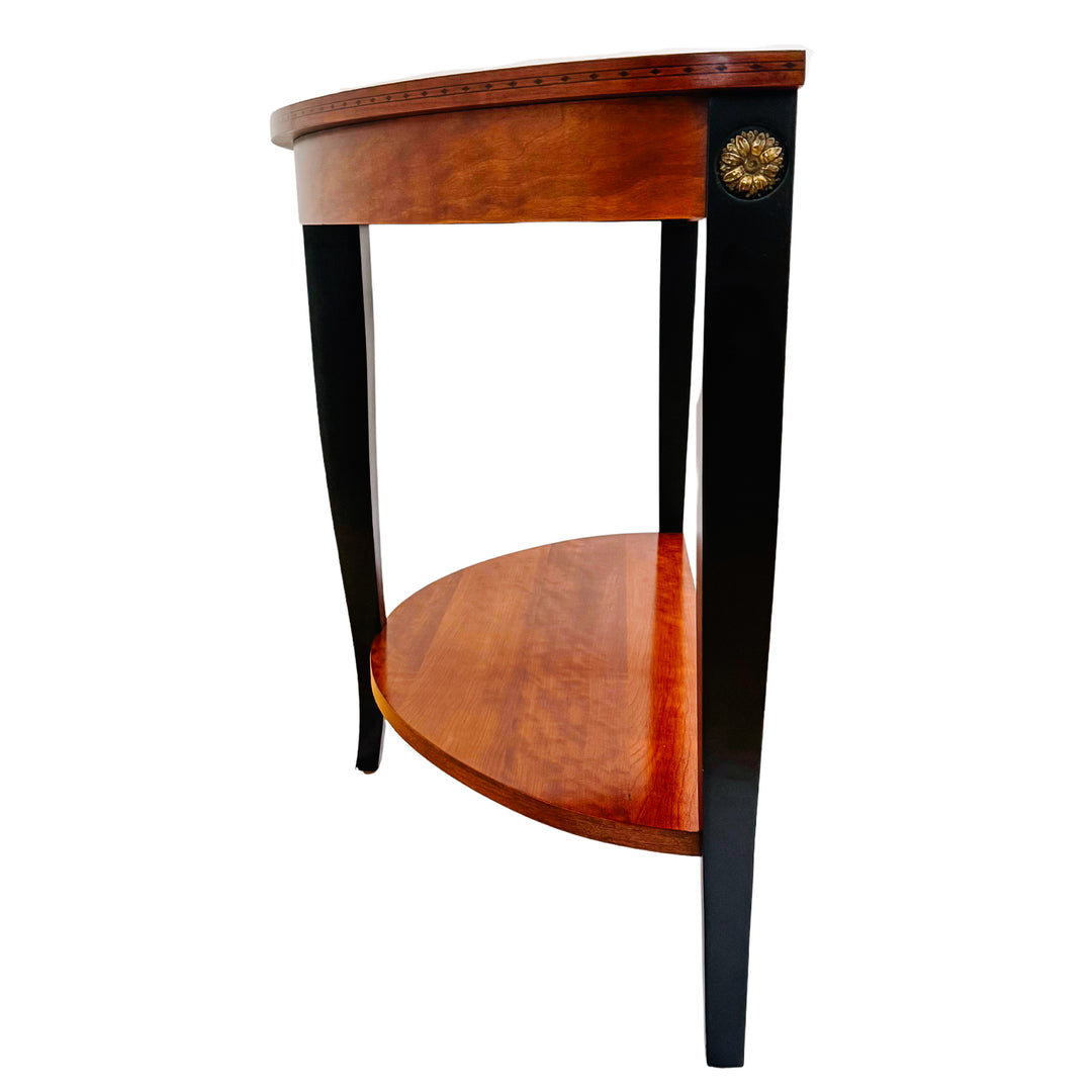 Ethan Allen Neoclassical Demilune Console Table With Inlay and Ebonized Legs